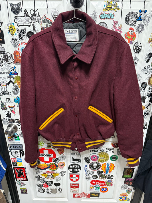 Vintage DeLong Varsity Jacket Mens Maroon Wool Made in USA Quilted Lining Retro Letterman Size 44