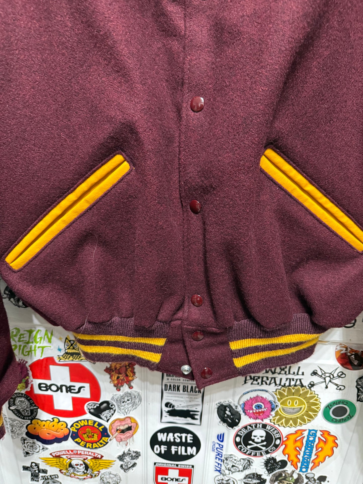 Vintage DeLong Varsity Jacket Mens Maroon Wool Made in USA Quilted Lining Retro Letterman Size 44