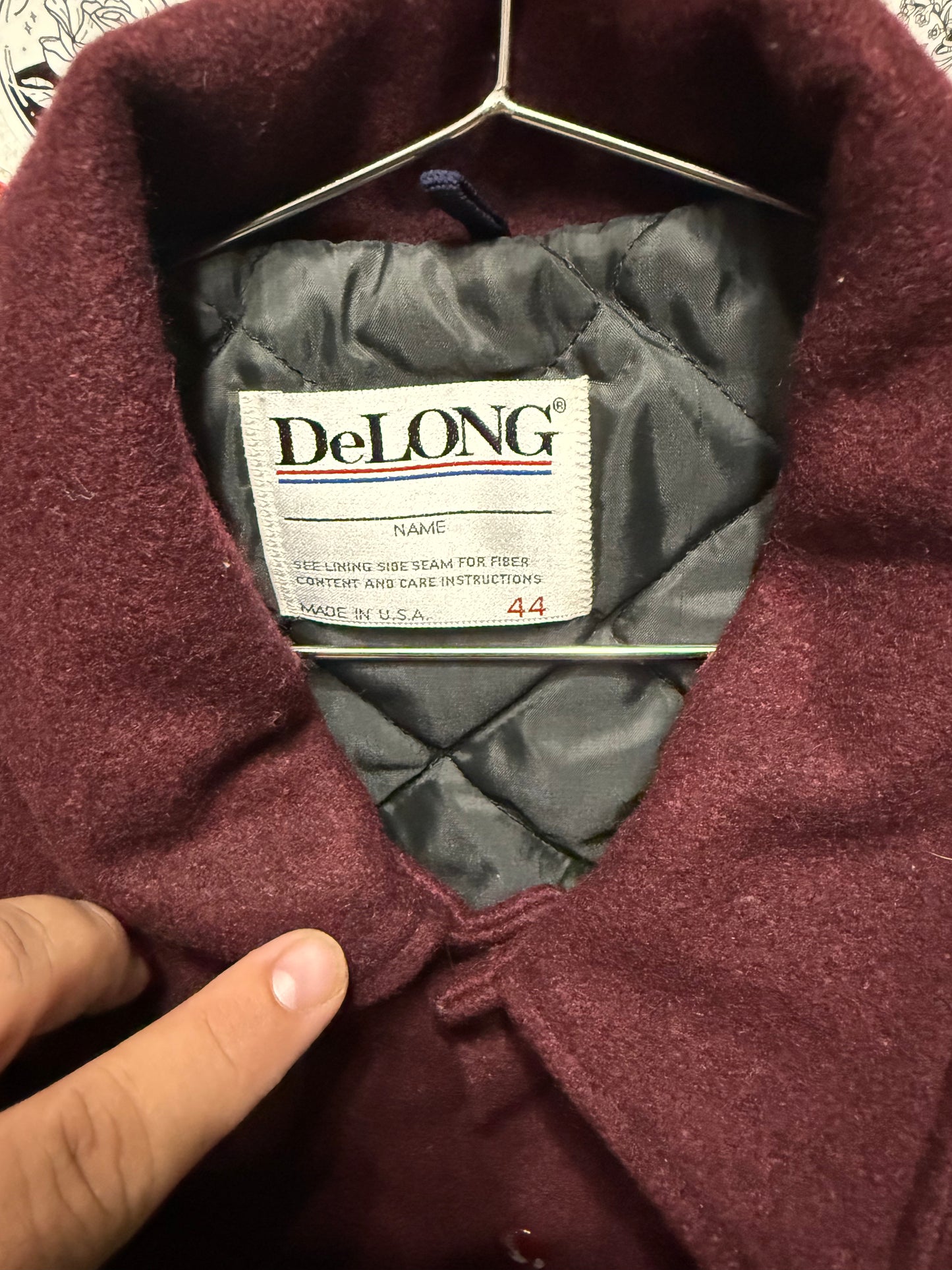 Vintage DeLong Varsity Jacket Mens Maroon Wool Made in USA Quilted Lining Retro Letterman Size 44