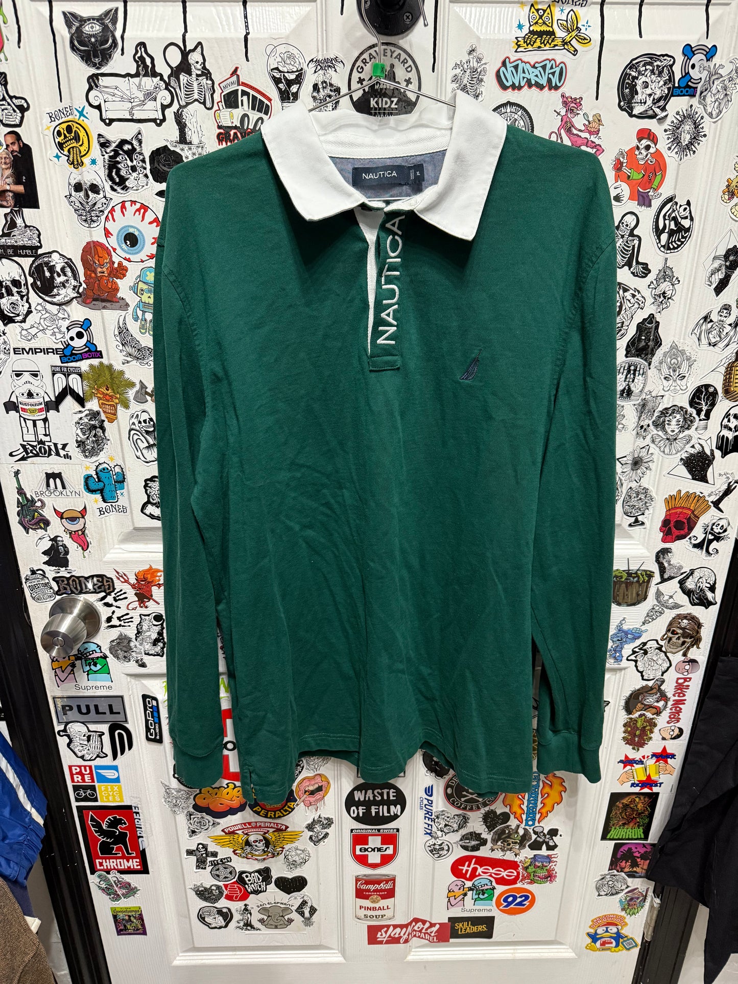 Nautica Long Sleeve Rugby Shirt Green White Collar Mens Embroidered Sail Size XL