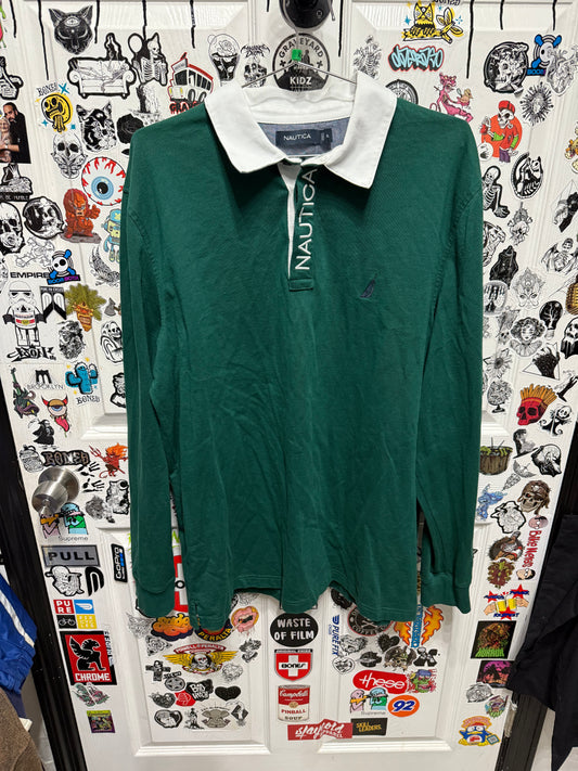 Nautica Long Sleeve Rugby Shirt Green White Collar Mens Embroidered Sail Size XL