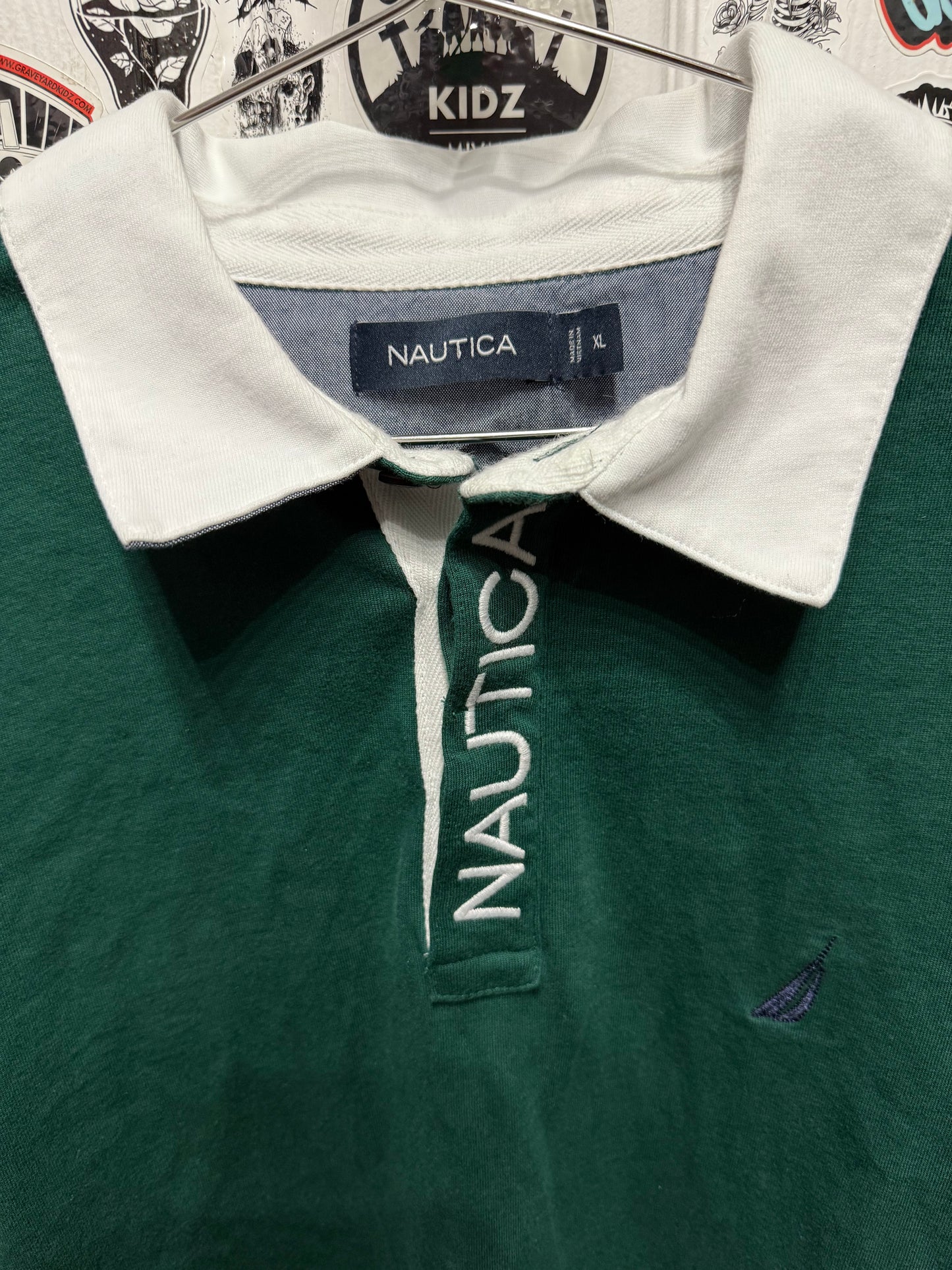 Nautica Long Sleeve Rugby Shirt Green White Collar Mens Embroidered Sail Size XL