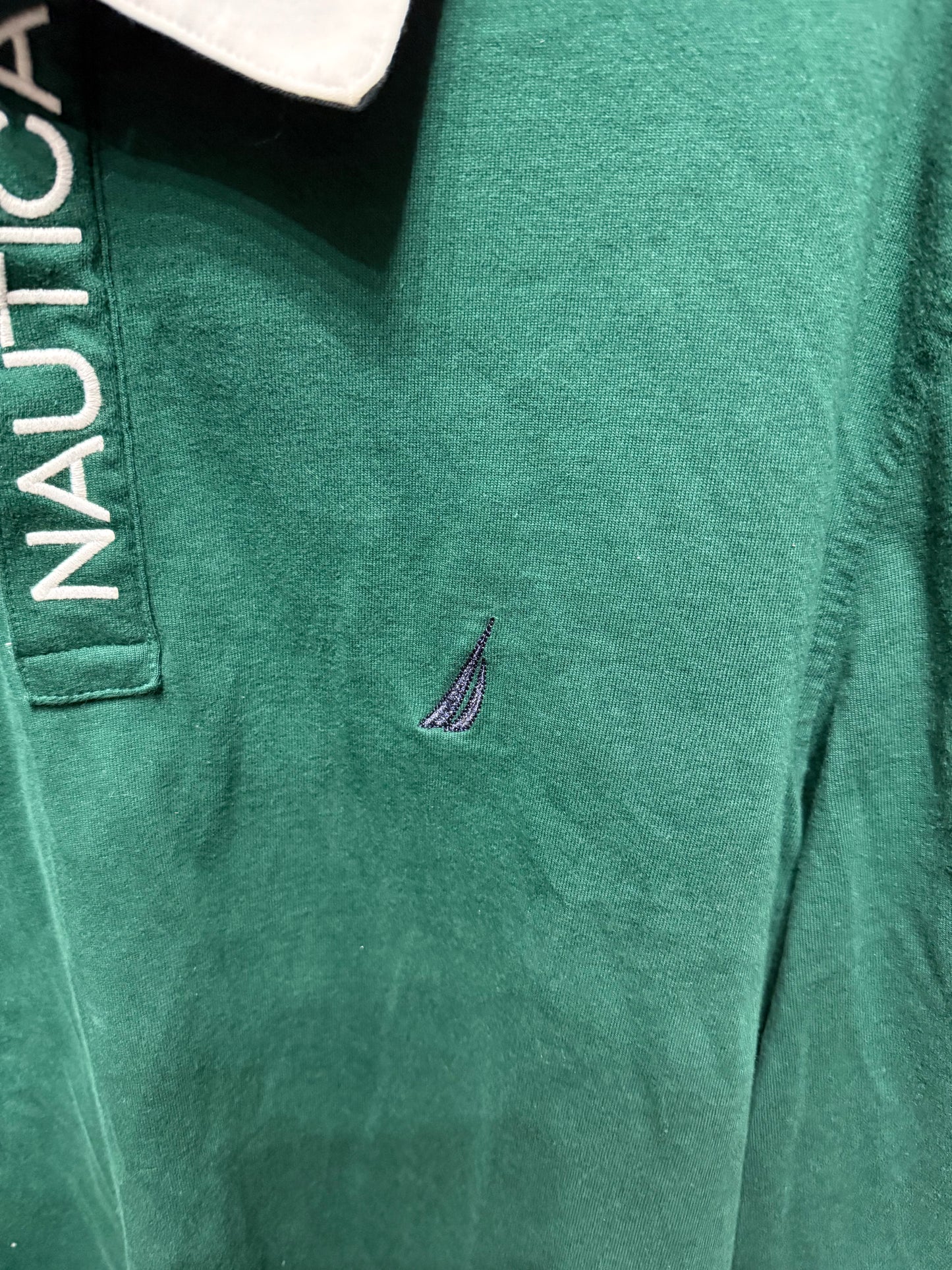 Nautica Long Sleeve Rugby Shirt Green White Collar Mens Embroidered Sail Size XL