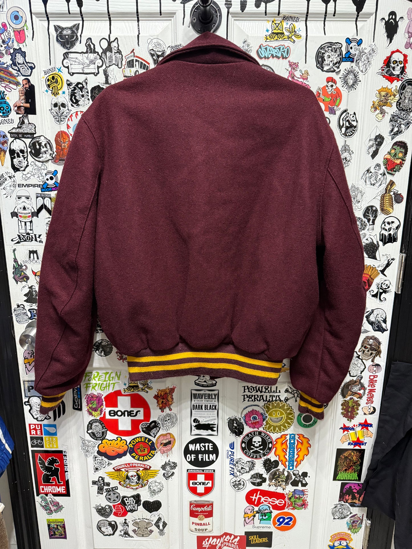 Vintage DeLong Varsity Jacket Mens Maroon Wool Made in USA Quilted Lining Retro Letterman Size 44