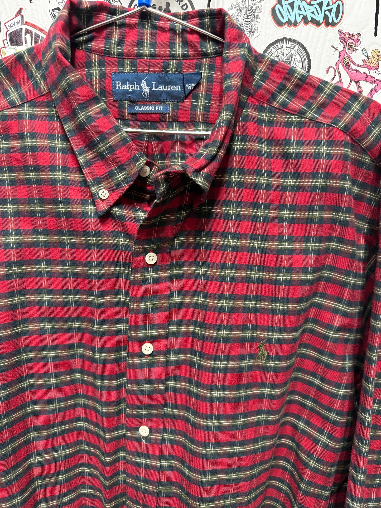 Ralph Lauren Mens Classic Fit Red Green Plaid Flannel Button Up Shirt Size XXL