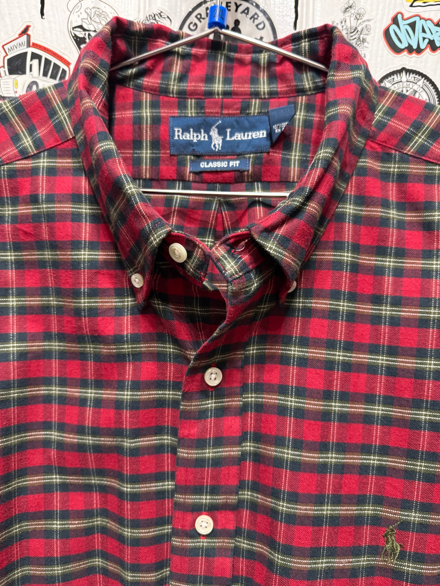 Ralph Lauren Mens Classic Fit Red Green Plaid Flannel Button Up Shirt Size XXL